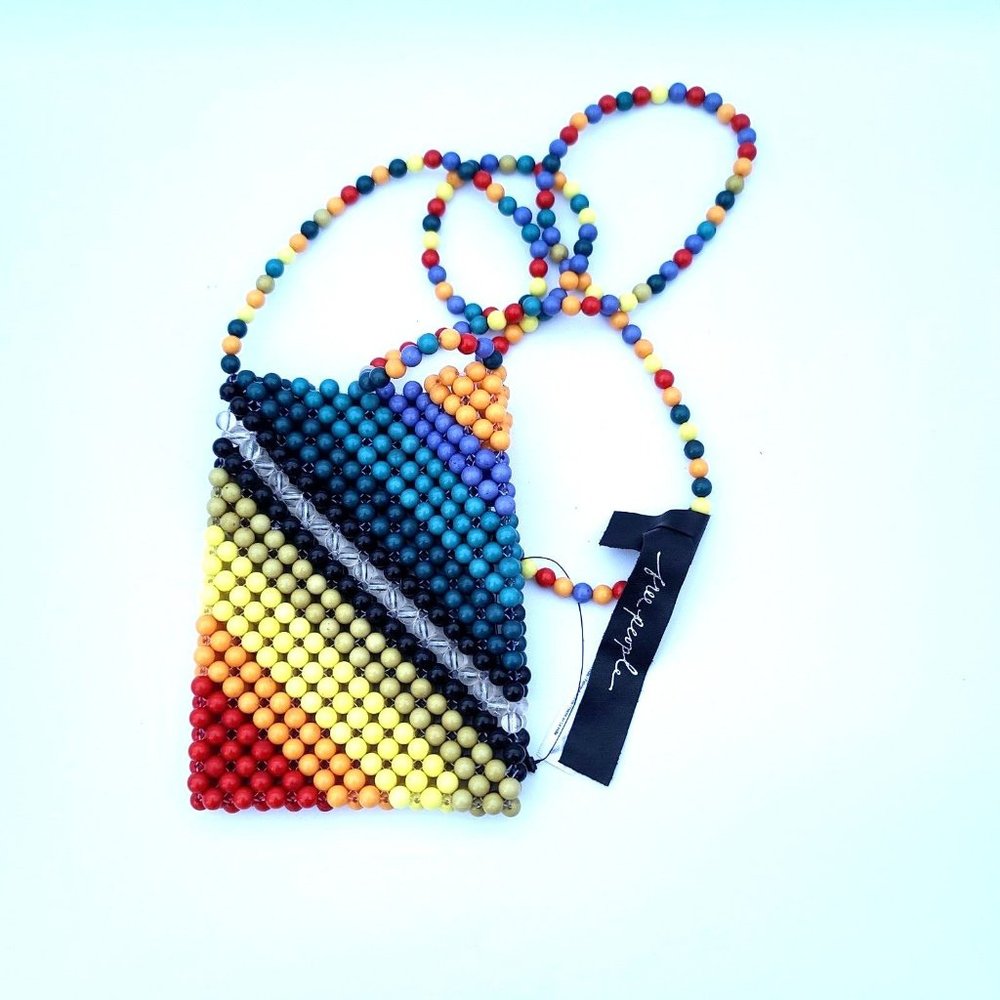 Free People Rainbow Beaded Crossbody Mini Bag Open Slip Top Multicolor NWOT